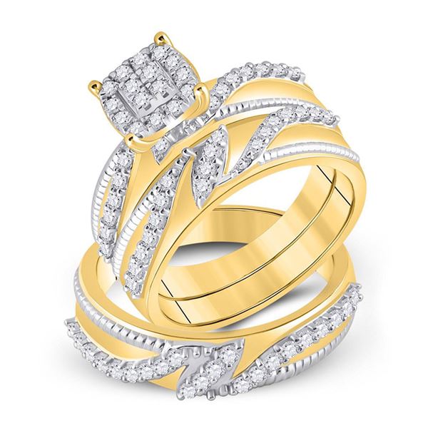 His Hers Diamond Cluster Matching Wedding Set 1 Cttw 10kt Yellow Gold