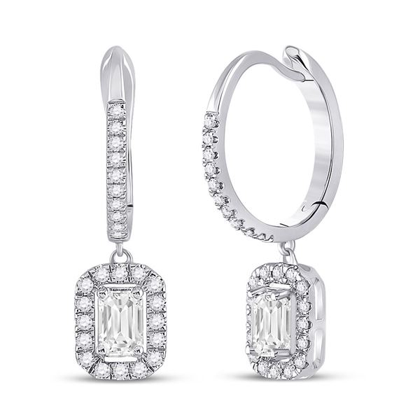 Emerald Diamond Hoop Dangle Earrings 1 Cttw 14kt White Gold