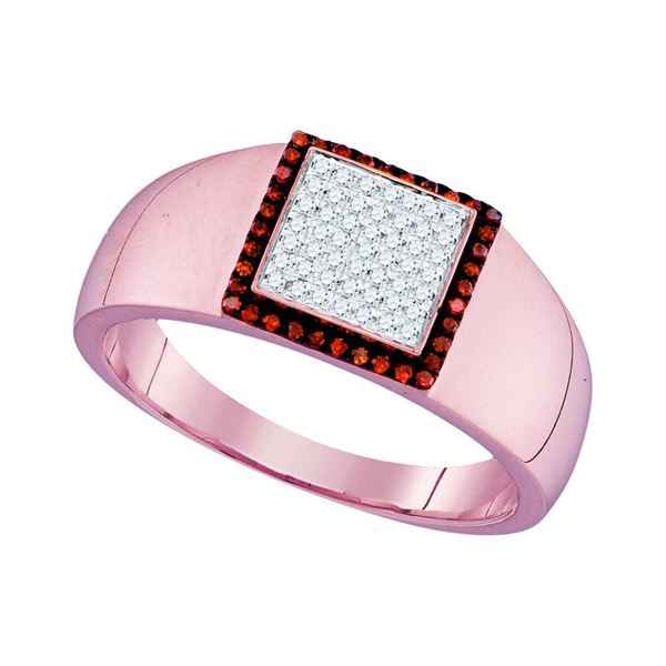 Mens Red Color Enhanced Diamond Square Cluster Ring 1/4 Cttw 10kt Rose Gold