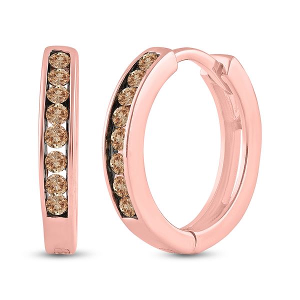 Brown Diamond Hoop Earrings 1/4 Cttw 14kt Rose Gold