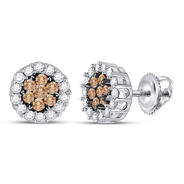 Brown Diamond Flower Cluster Earrings 3/4 Cttw 14kt White Gold