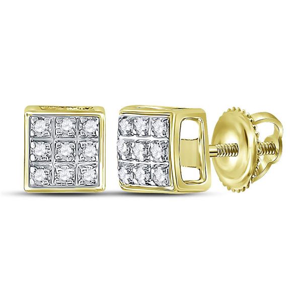 Mens Diamond Square Cluster Stud Earrings 1/20 Cttw 10kt Yellow Gold