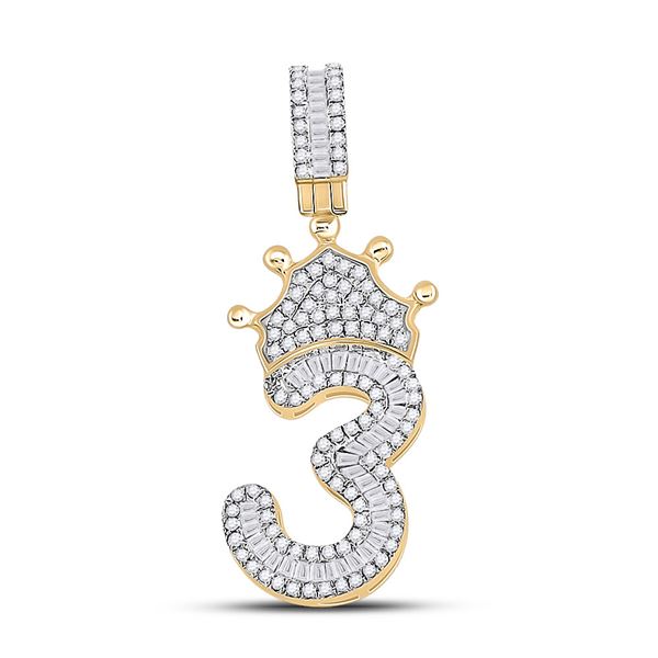 Mens Baguette Diamond Number 3 Crown Charm Pendant 5/8 Cttw 10kt Yellow Gold