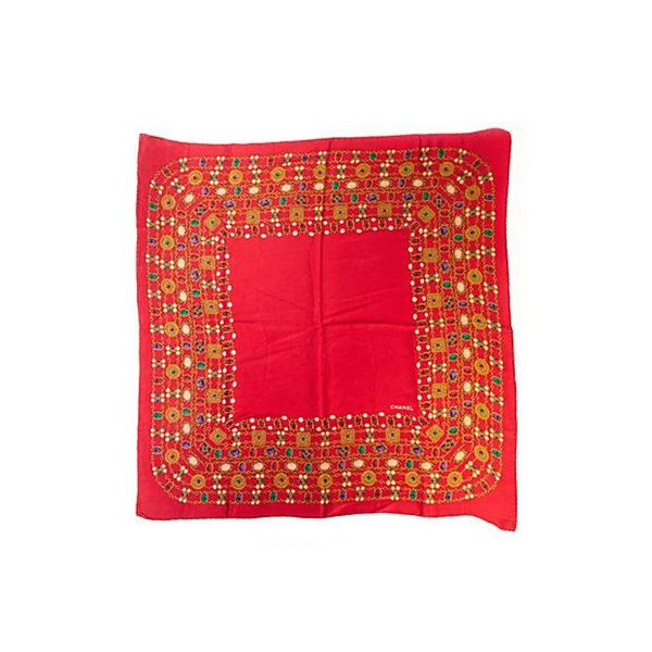 Authentic Chanel Red Silk Gripoix Jewels Scarf