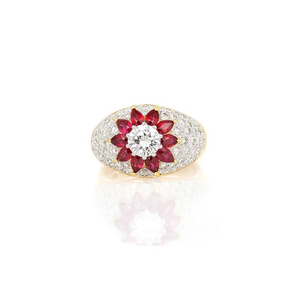 Authentic Ruby Flower Diamond Ring
