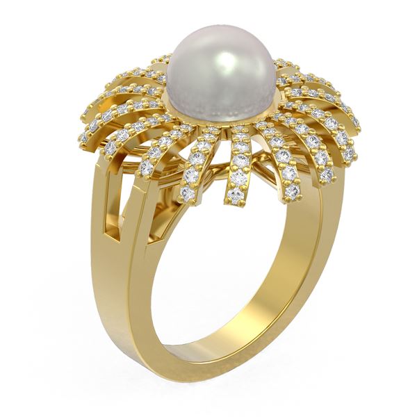 0.9 ctw Diamond & Pearl Ring 18K Yellow Gold - REF-117M3G