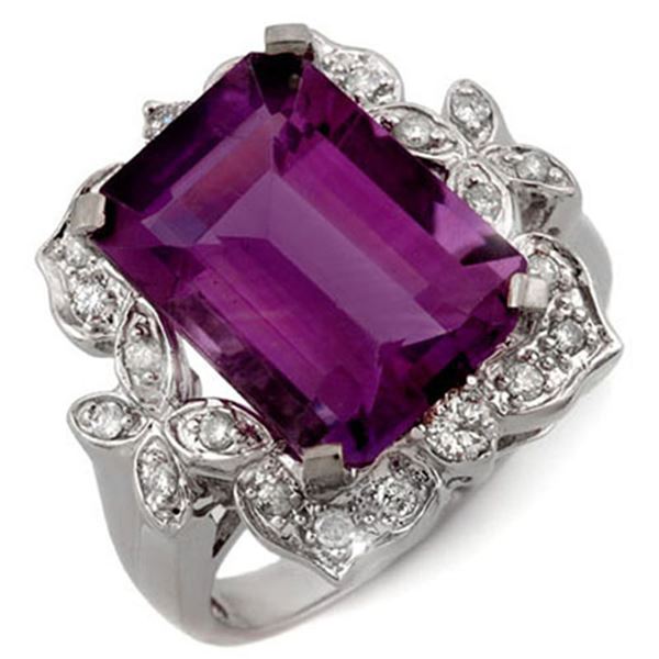 9.25 ctw Amethyst & Diamond Ring 14k White Gold - REF-50K8Y