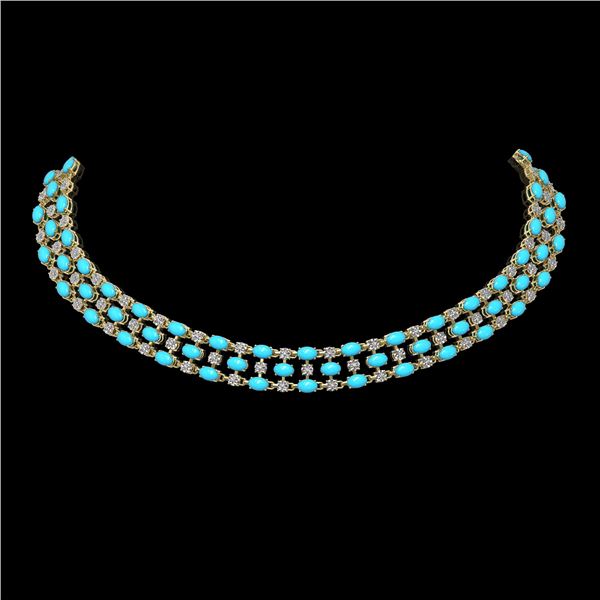 28.79 ctw Turquoise & Diamond Necklace 10K Yellow Gold - REF-427X3A