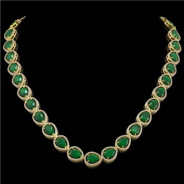 64.01 ctw Emerald & Diamond Micro Pave Halo Necklace 10k Yellow Gold - REF-854M5G