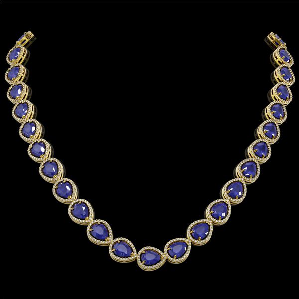 64.01 ctw Sapphire & Diamond Micro Pave Halo Necklace 10k Yellow Gold - REF-733F5M