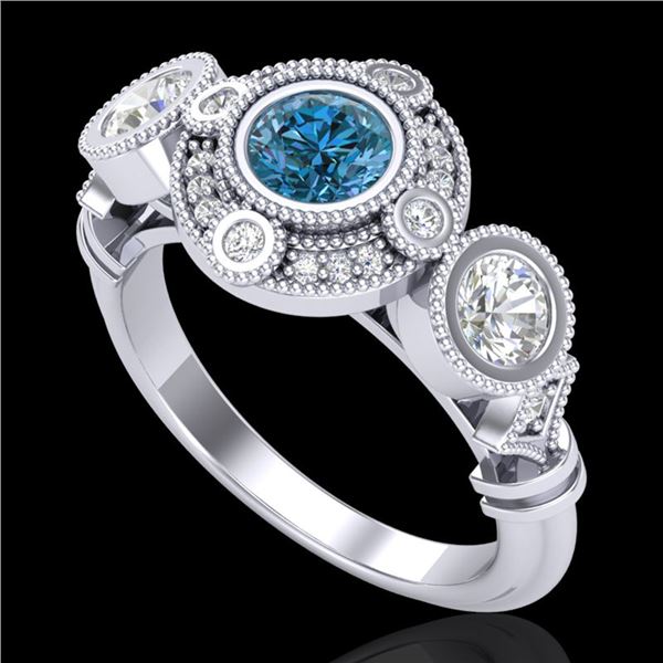 1.51 ctw Intense Blue Diamond Art Deco 3 Stone Ring 18k White Gold - REF-218M2G