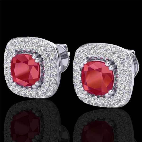 2.16 ctw Ruby & Micro VS/SI Diamond Earrings Halo 18k White Gold - REF-105Y6X