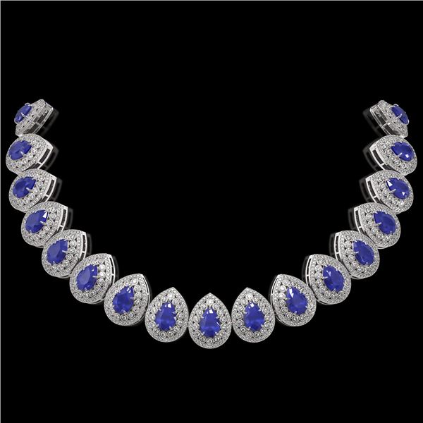 121.42 ctw Sapphire & Diamond Victorian Necklace 14K White Gold - REF-3331W5H