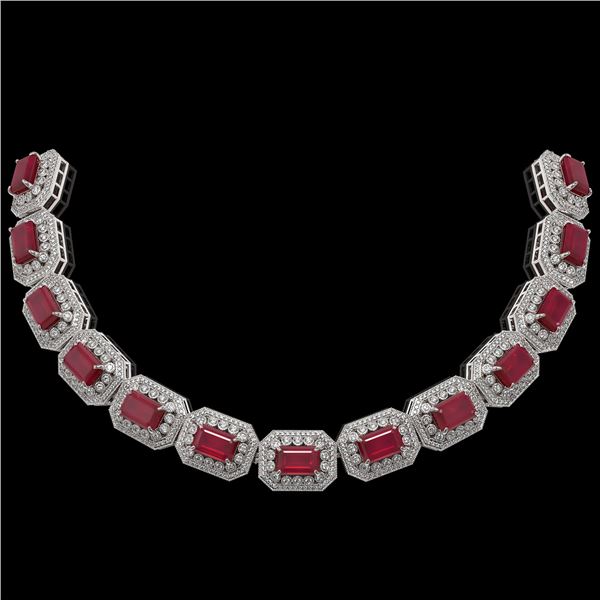 137.65 ctw Certified Ruby & Diamond Victorian Necklace 14K White Gold - REF-2875M6G