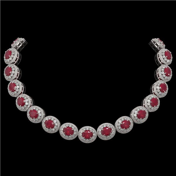 111.75 ctw Certified Ruby & Diamond Victorian Necklace 14K White Gold - REF-3015F5M