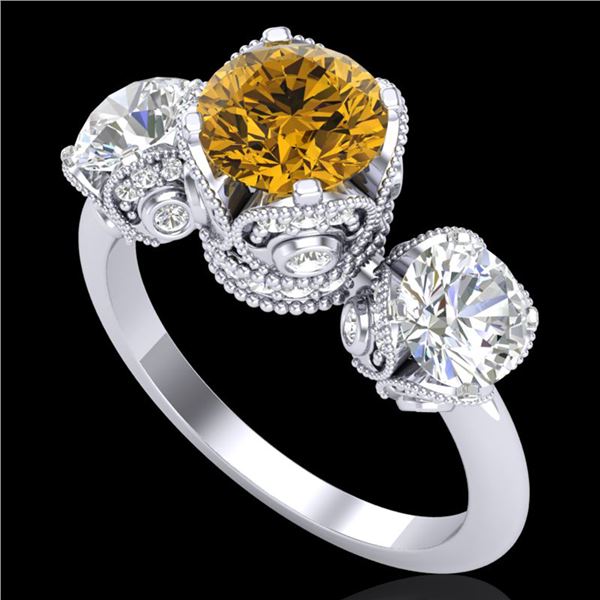 3 ctw Intense Yellow Diamond Art Deco 3 Stone Ring 18k White Gold - REF-470G9W