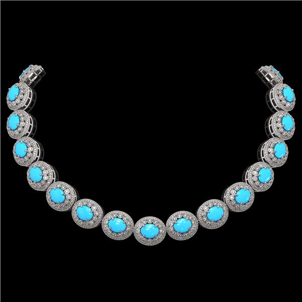 86.75 ctw Turquoise & Diamond Victorian Necklace 14K White Gold - REF-2583F6M