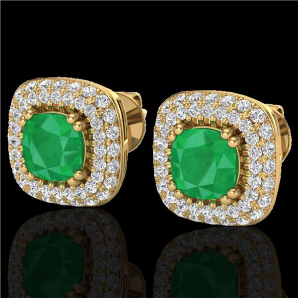 2.16 ctw Emerald & Micro VS/SI Diamond Earrings Halo 18k Yellow Gold - REF-105M6G