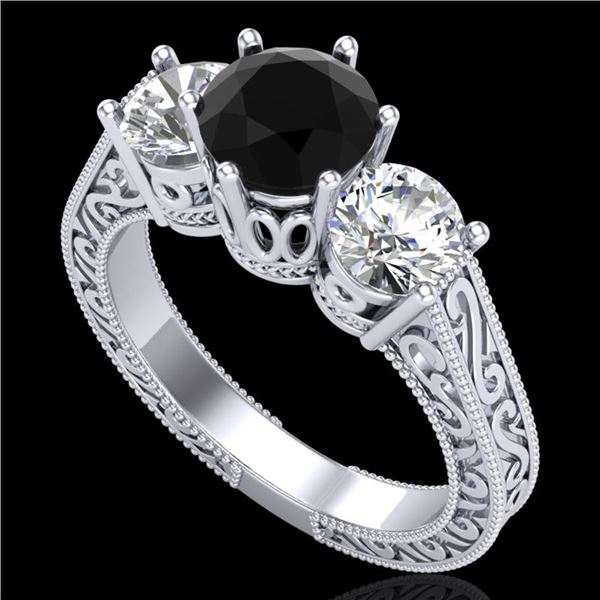 2.01 ctw Fancy Black Diamond Art Deco 3 Stone Ring 18k White Gold - REF-241Y8X