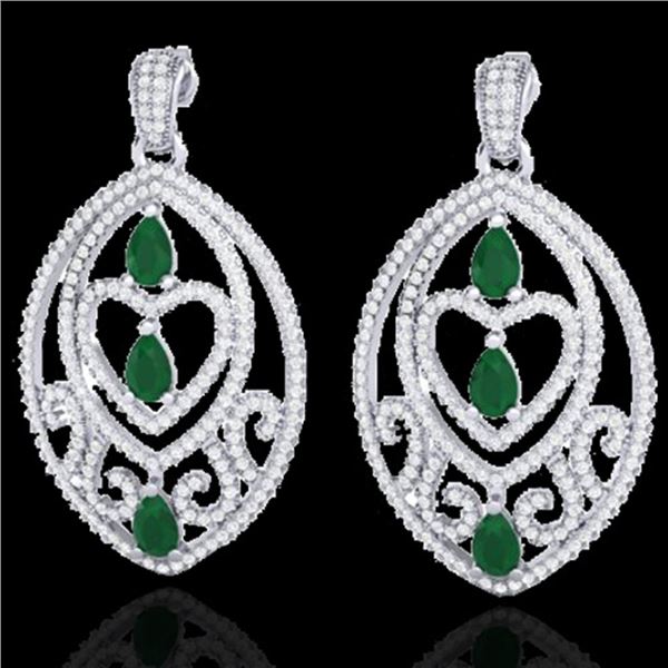 7 ctw Emerald & Micro Pave VS/SI Diamond Heart Earrings 18k White Gold - REF-418X2A