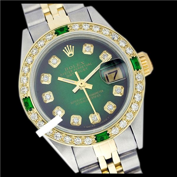 Rolex Ladies Two Tone 14K Gold/SS, Diam Dial & Diam/Emerald Bezel, Sapphire Crystal