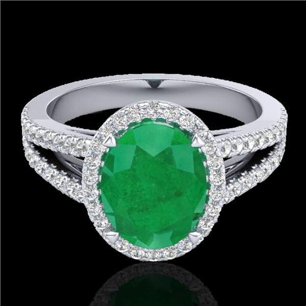 3 ctw Emerald & Micro VS/SI Diamond Halo Solitaire Ring 18k White Gold - REF-83A6N