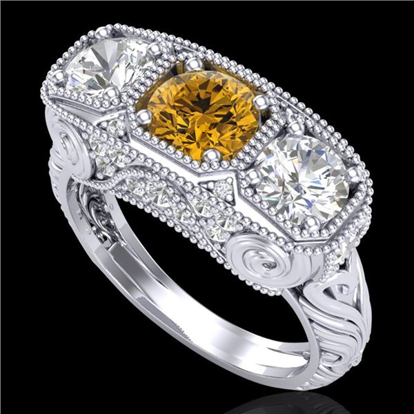 2.51 ctw Intense Fancy Yellow Diamond Art Deco Ring 18k White Gold - REF-345G5W