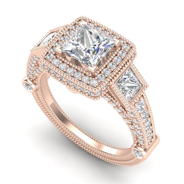 3 ctw Princess VS/SI Diamond Art Deco 3 Stone Ring 18k Rose Gold - REF-563K6Y