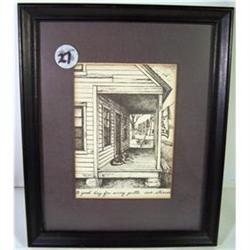 027: Framed Eve Strause pen and ink