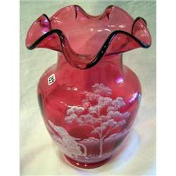 Fenton Mary Gregory s/n cranberry vase