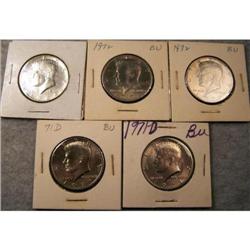 5 Kennedy Half Dollars, 1 1964 90% Silver & 4 Clad