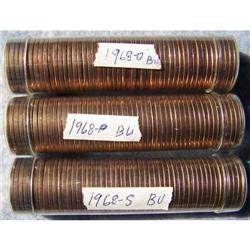 Three Rolls Lincoln Cents BU 1968P, 1968D & 1968S