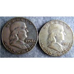 2 Franklin Half Dollars 1958D & 1961D