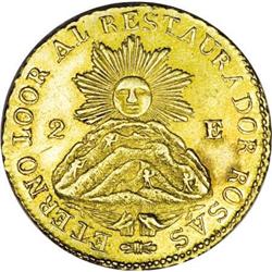 Argentina La Rioja gold 2 Escudos 1843RB, KM17,