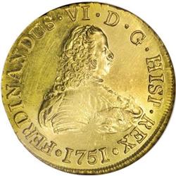 Chile Ferdinand VI gold 8 Escudos 1751J, KM3,