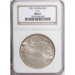 China Empire Dollar Year 3 (1911), KM-Y31, MS61
