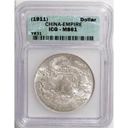 China Empire Dollar Year 3 (1911), KM-Y31, MS61