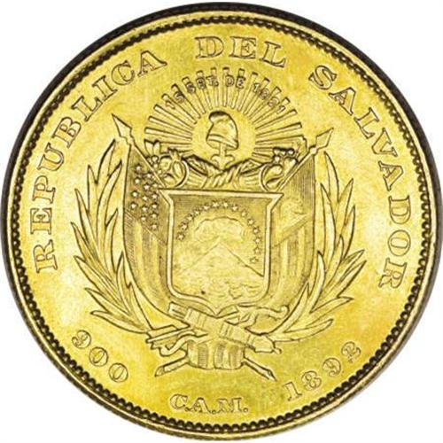 El Salvador Republic gold 20 Pesos 1892 C.A.M.,