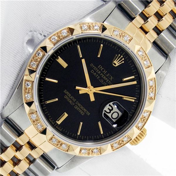 Rolex Mens 2 Tone Black Index Pyramid Diamond Bezel Datejust Wristwatch With Rol