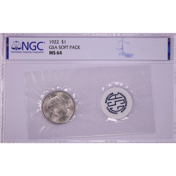 1922 $1 Peace Silver Dollar Coin GSA Soft Pack NGC MS64