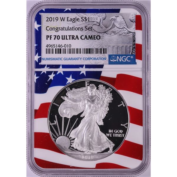 2019-W $1 Proof American Silver Eagle Coin NGC PF70 Ultra Cameo Congratulations Flag