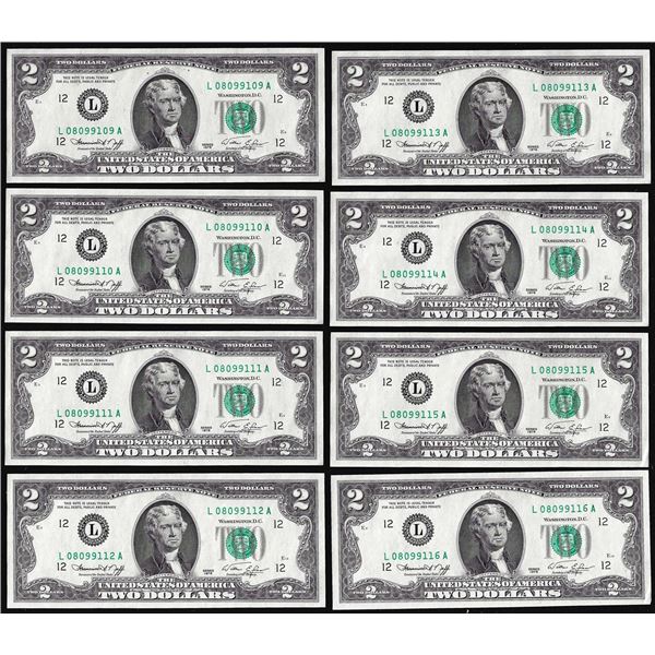 Lot of (8) Consecutive 1976 $2 Federal Reserve Notes San Francisco