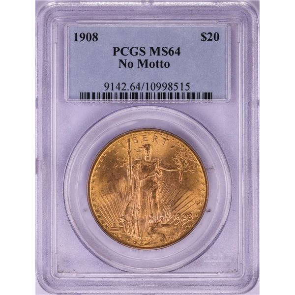 1908 No Motto $20 St. Gaudens Double Eagle Gold Coin PCGS MS64