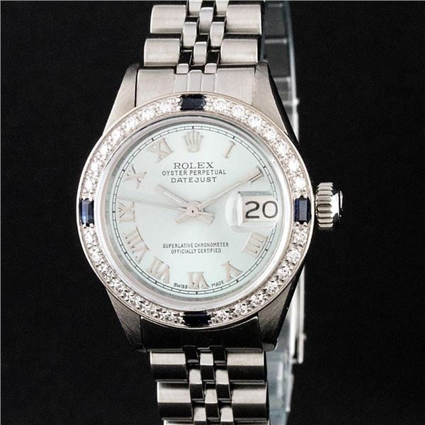 Rolex Ladies Stainless Steel Diamond & Sapphire Oyster Perpetual Datejust Wristwatch