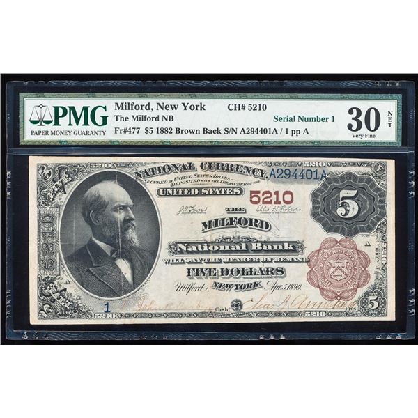 Serial Number 1 - 1882BB Milford, NY National Currency Note PMG Very Fine 30 NET