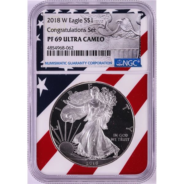2018-W $1 Proof American Silver Eagle Coin NGC PF69 Ultra Cameo Congratulations Flag