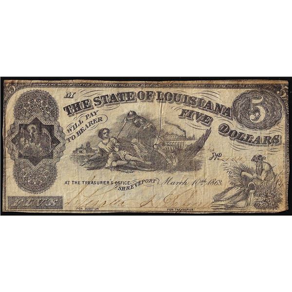 1863 $5 The State of Louisiana Baton Rouge, LA Obsolete Banknote