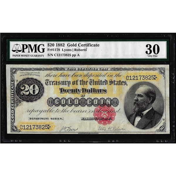 1882 $20 Gold Certificate Note Fr.1178 PMG Very Fine 30