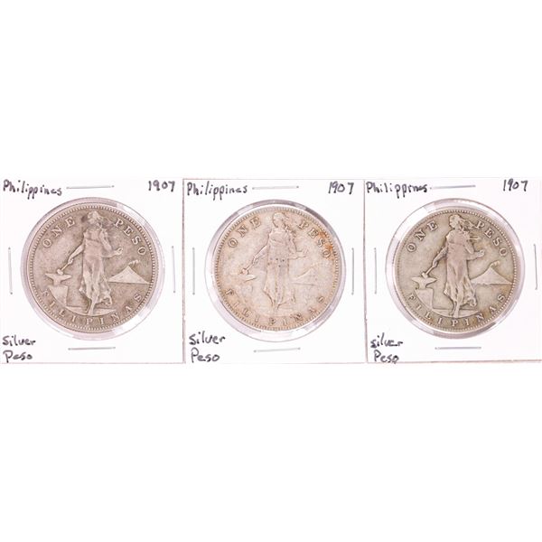 Lot of (3) 1907 Philippines One Peso Silver Coins