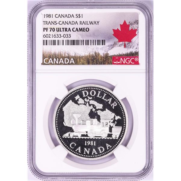 1981 $1 Proof Trans-Canada Railway Silver Dollar Coin NGC PF 70 Ultra Cameo